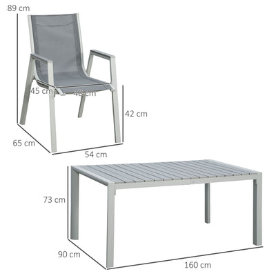 Outsunny 7 Pieces Garden Dining Set, Outdoor Table and 6 Armchairs, Aluminium Frame Slatted Wood Grain Plastic Top Table Mesh Fabric Seats Light Grey