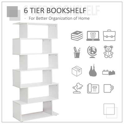 HOMCOM S Shape Wooden 6-tier Bookshelf Open Concept Bookcase Storage Display Unit for Home Office Living Room, White