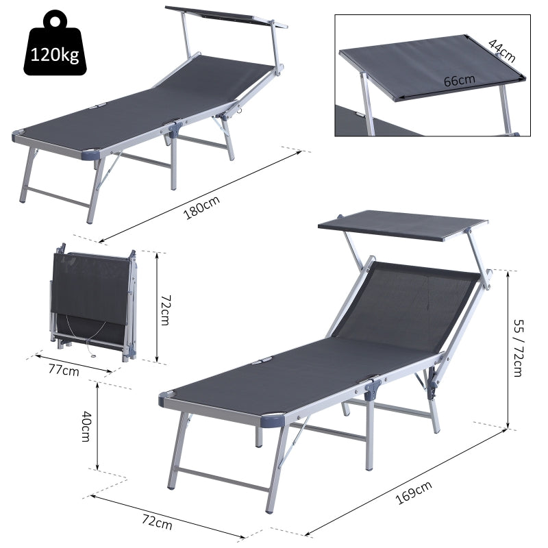 Outdoor Lounger W/ Overhead Canopy Aluminium Adjustable Texteline Seat Grey