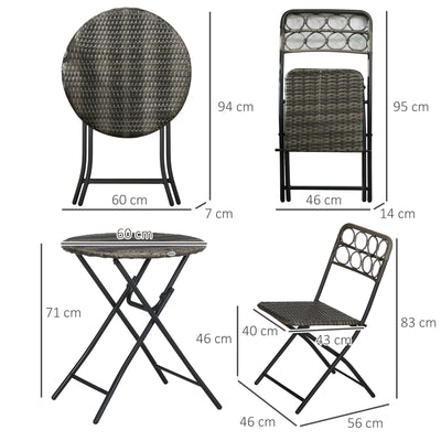 Outsunny 3 PCS Rattan Wicker Bistro Set with Easy Folding, Hand Woven Rattan Coffee Table and Chairs for Outdoor Lawn, Pool, Balcony & Garden, Grey