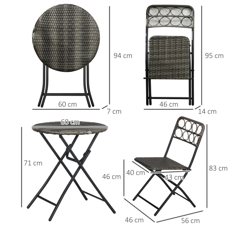 Outsunny 3 PCS Rattan Wicker Bistro Set with Easy Folding, Hand Woven Rattan Coffee Table and Chairs for Outdoor Lawn, Pool, Balcony & Garden, Grey