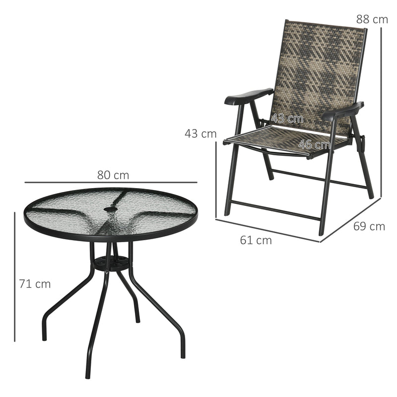 Outsunny 5 Pcs Rattan Dining Sets Garden Dining Set w/ PE Rattan Folding Armchair, Round Glass Top Dining Table with Umbrella Hole, Mixed Grey