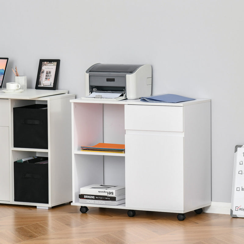 Printer Stand with Open Storage Shelves for Home Office Use Include Drawer White