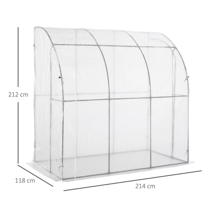 Outsunny Outdoor Walk-In Lean to Wall Greenhouse with Zippered Roll Up Door and PE Cover, 214L x 118W x 212Hcm, White