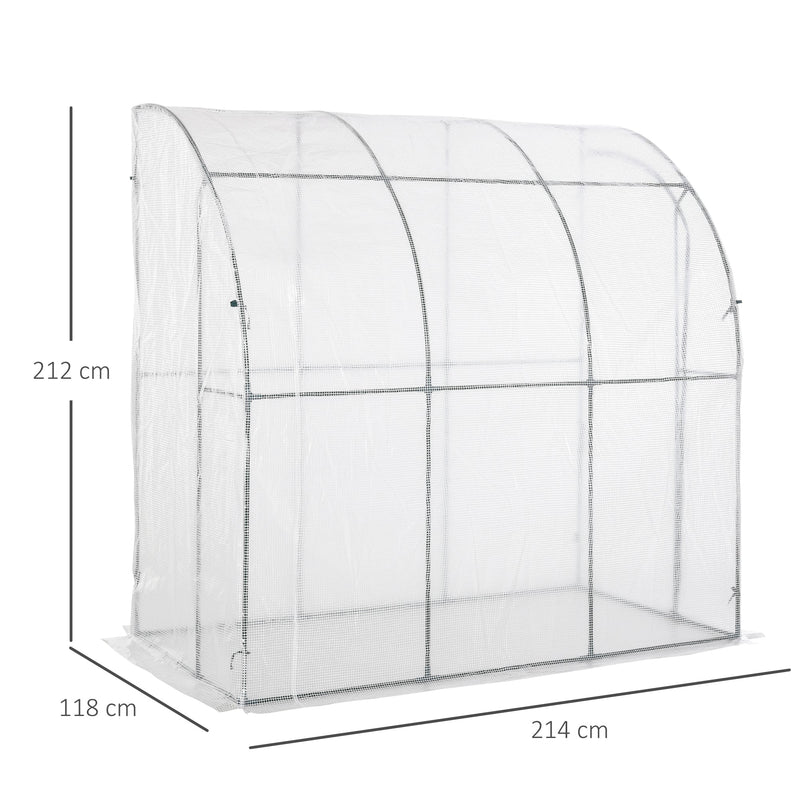 Outsunny Outdoor Walk-In Lean to Wall Greenhouse with Zippered Roll Up Door and PE Cover, 214L x 118W x 212Hcm, White