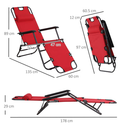 Outsunny 2 Pieces Foldable Sun Loungers with Adjustable Back, Outdoor Reclining Garden Chairs with Pillow and Armrests, Red