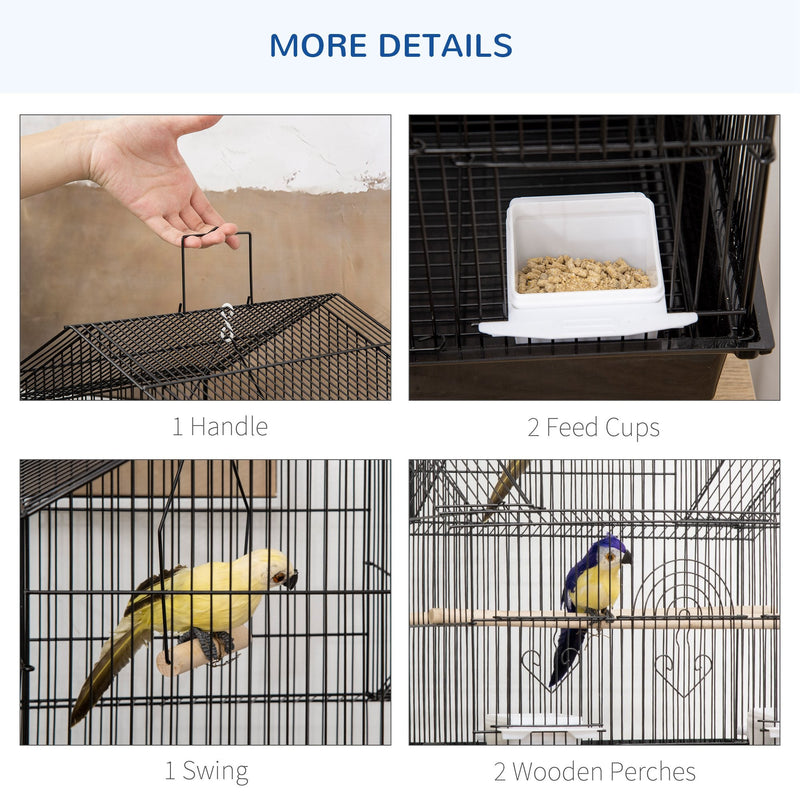 PawHut Metal Bird Cage with Plastic Swing Perch Food Container Tray Handle for Finch Canary Budgie 50.5 x 40 x 63cm Black