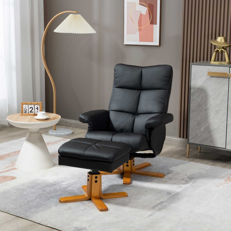 Faux Leather Swivel Recliner Chair With Footstool, Black