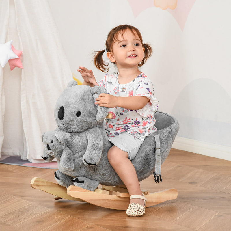 HOMCOM Kids Plush Ride-On Rocking Horse Koala-shaped Plush Toy Rocker with Gloved Doll Realistic Sounds for Child 18-36 Months Grey