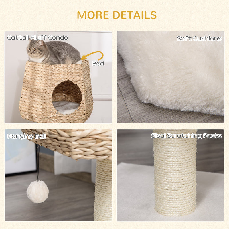 PawHut Cat Tree Cat Tower Climbing Activity Center Kitten Furniture with Cattail Fluff Bed Condo Sisal Scratching Post 45 x 45 x 66cm Natural