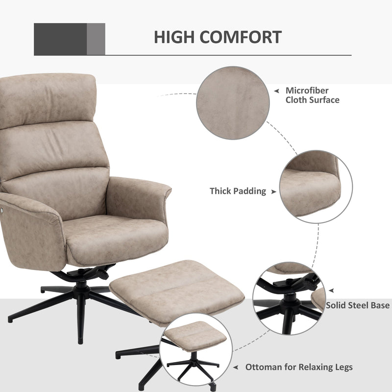 HOMCOM Swivel Recliner Chair and Footstool, Upholstered Reclining Armchair with Ottoman, Adjustable and Removable Headrest, Khaki