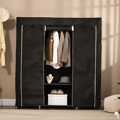 HOMCOM Fabric Wardrobe, Portable Wardrobe with 10 Shelves, 1 Hanging Rail, Foldable Closets, 150 x 43 x 162.5 cm, Black