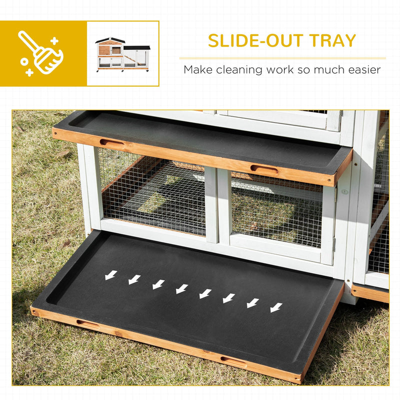 PawHut Two-Tier Wooden Rabbit Hutch Mobile Guinea Pig Cage Bunny Run w/ Wheels, Run, Slide-Out Tray, Ramp