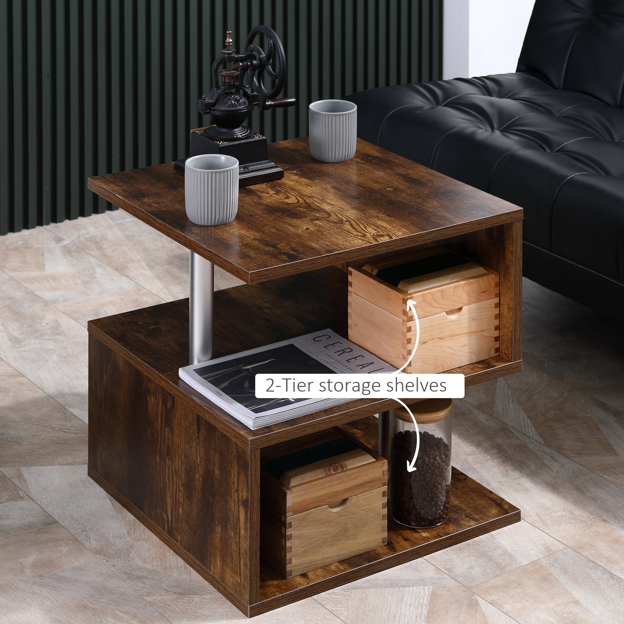 HOMCOM 3 Tier S-Shaped Side Table, Industrial End Table, Small Coffee Table with Open Storage Shelf for Living Room Bedroom