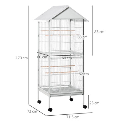 PawHut 170cm Metal Bird Cage Parrot Cage Mobile Feeder with Rolling Stand Perches Food Containers Doors Wheels White