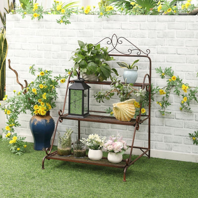 Soporte para plantas de metal estilo escalera de 3 niveles 