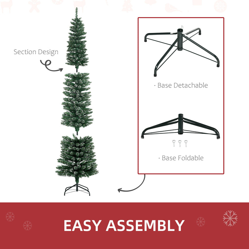 HOMCOM 7.5FT Artificial Snow Dipped Christmas Tree Xmas Pencil Tree Holiday Home Indoor Decoration with Foldable Black Stand, Green