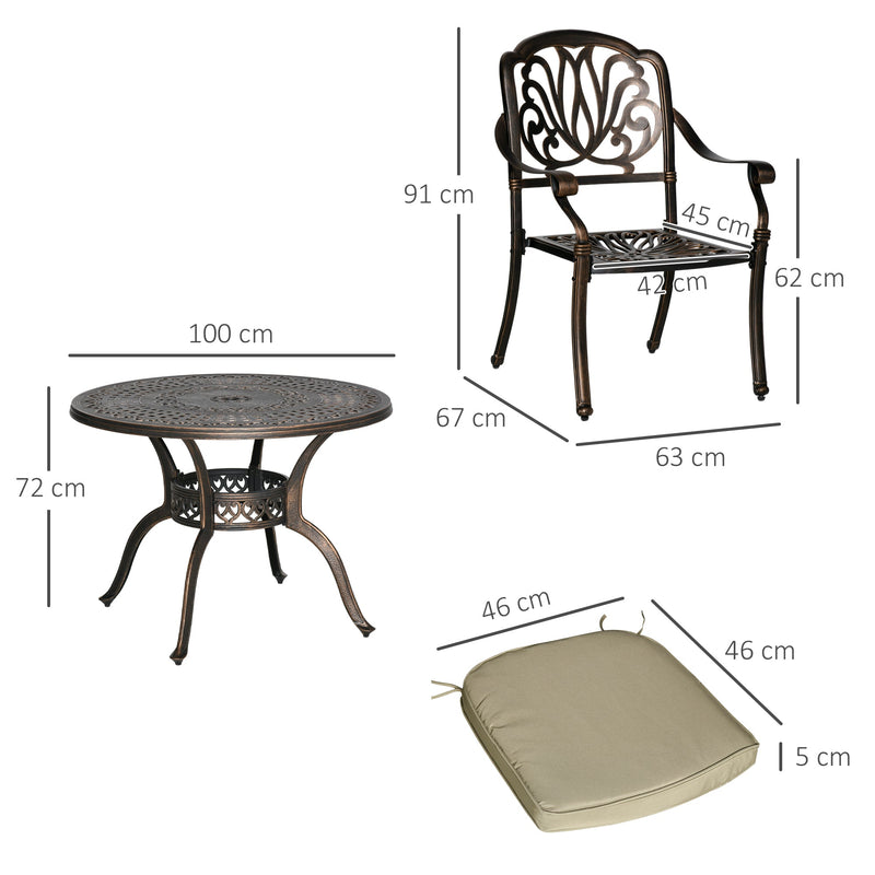 Outsunny 4 Seater Outdoor Dining Set Antique Cast Aluminium Garden Furniture Set with Cushions Round Dining Table with Parasol Hole, Bronze