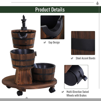 Patio Wooden Water Fountain 3 Barrels Set With Wheels