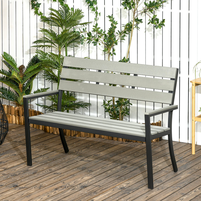 Outsunny 2 Seater Garden Bench, Slatted Outdoor Bench with Steel Frame, Garden Loveseat, 122 x 65 x 92 cm, Grey