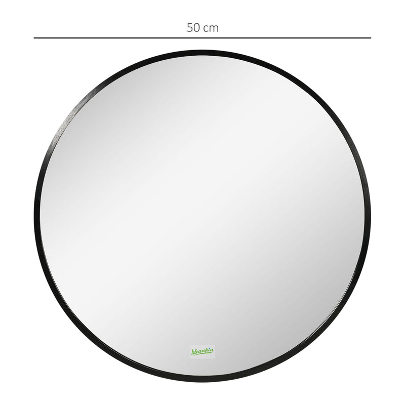 kleankin Round Bathroom Mirror, Modern Wall-mounted Makeup Mirror with Aluminium Frame for Washroom Living Room, Black, 50x50 cm