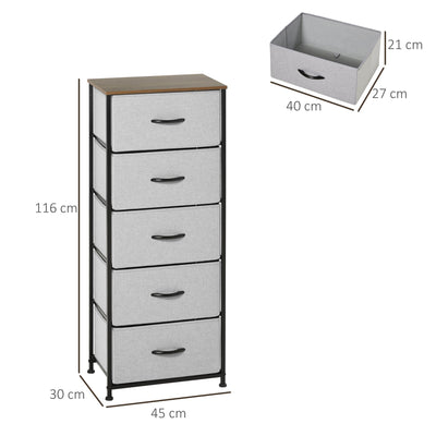 HOMCOM Chest of Drawers, Fabric Storage Drawers, Industrial Bedroom Dresser w/5 Fabric Drawers, Steel Frame, Wooden Top for Nursery, Living Room Grey