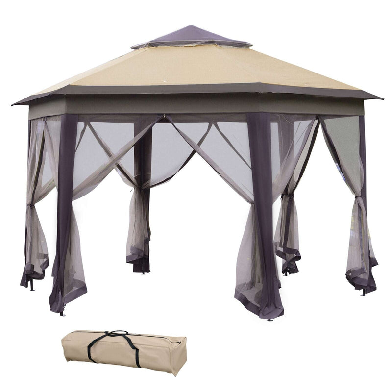 4.05mx4.05m Mesh Draped, 2-Tier Roof Gazebo - Beige