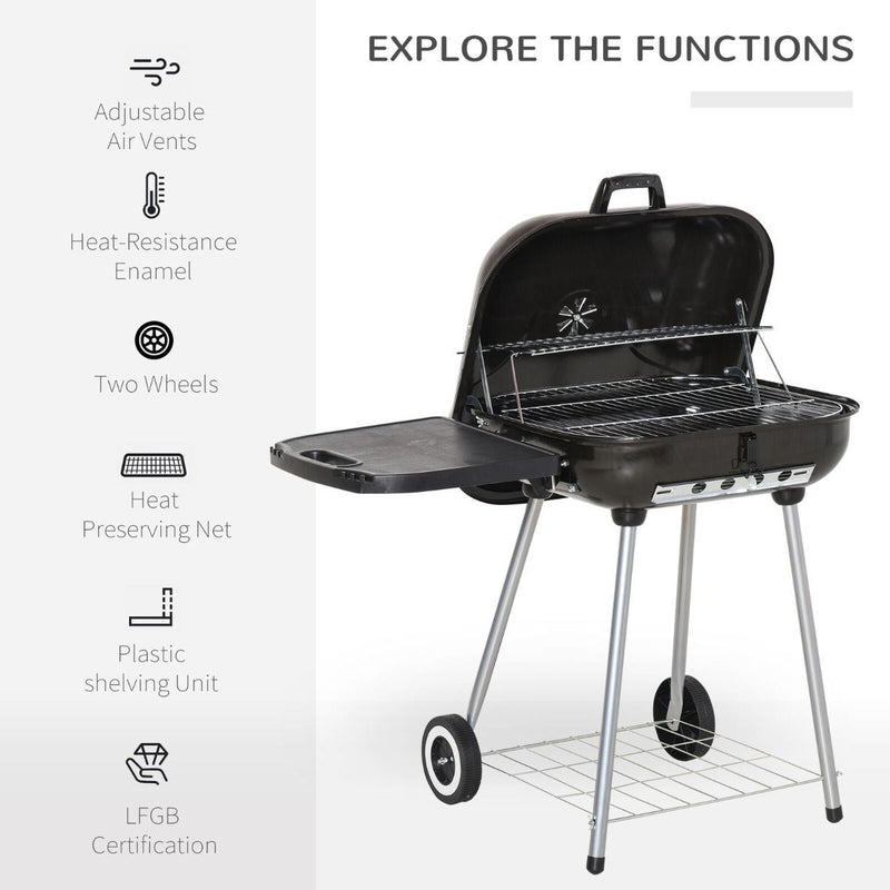 High Quality Portable Charcoal BARBEQUE Grill With 2 Wheels and Side Handle - Black