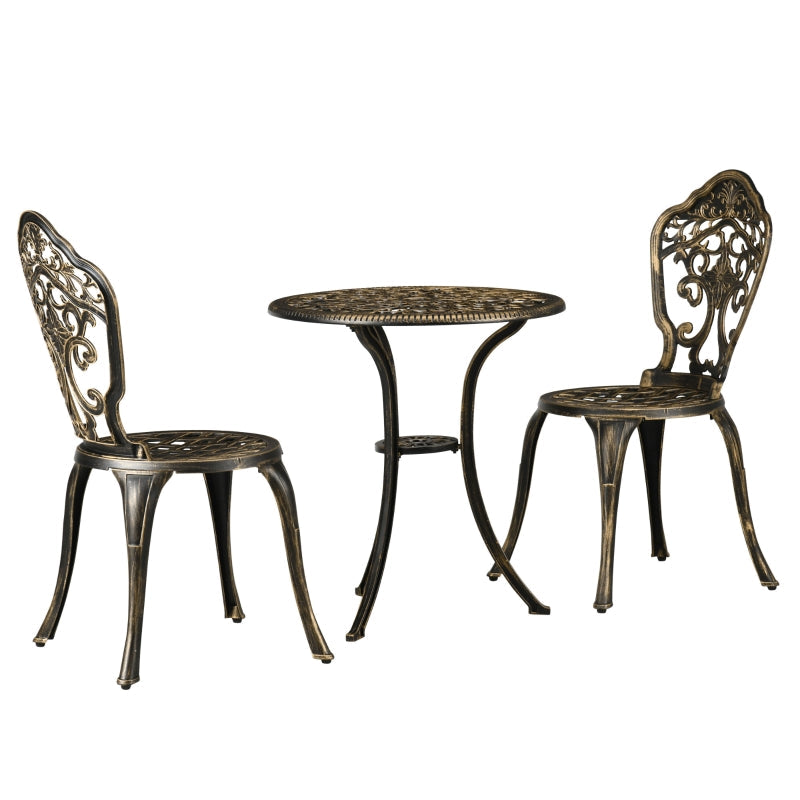 3 Piece Cast Aluminium Garden Bistro Set For 2 With Parasol Hole- Bronze