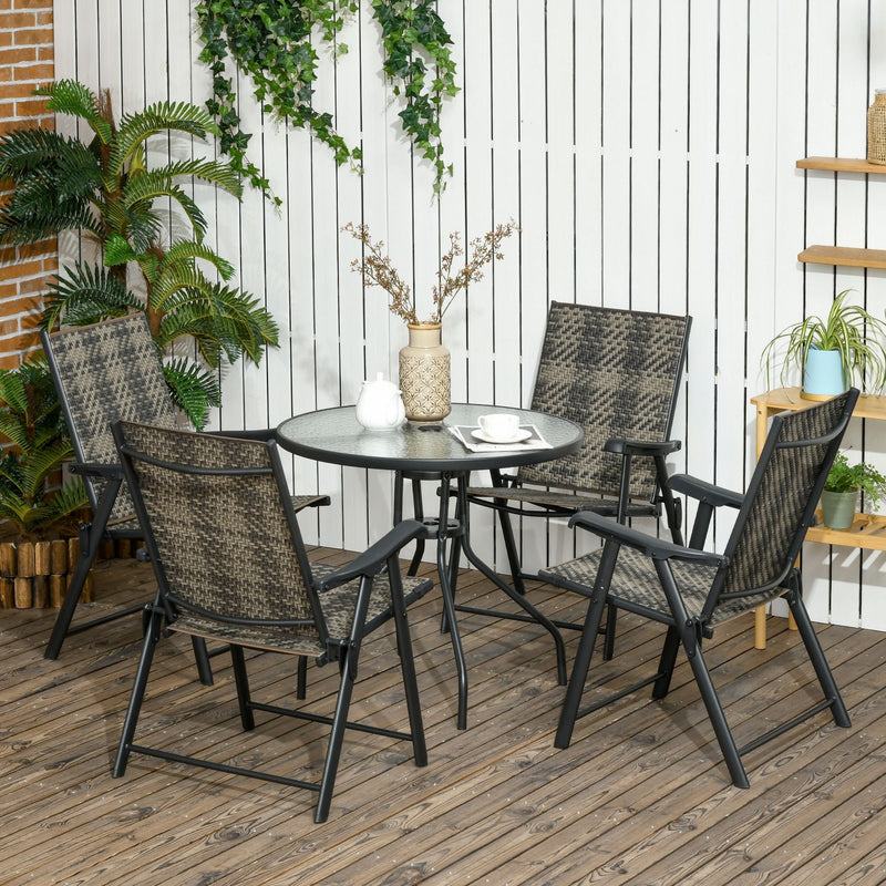 Outsunny 5 Pcs Rattan Dining Sets Garden Dining Set w/ PE Rattan Folding Armchair, Round Glass Top Dining Table with Umbrella Hole, Mixed Grey