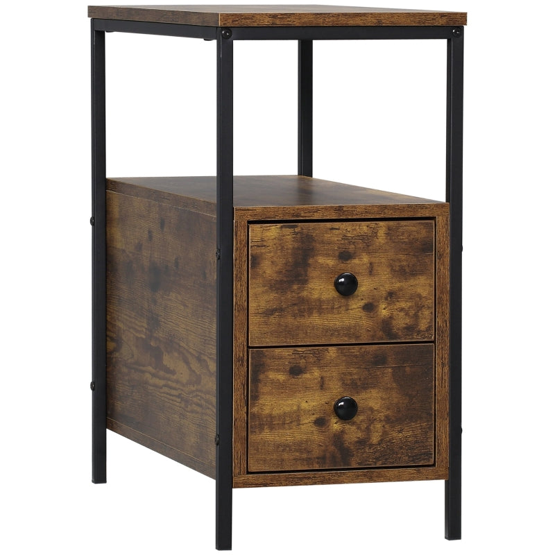 Side Table With 2 Drawers And Storage Shelf, Rustic Brown