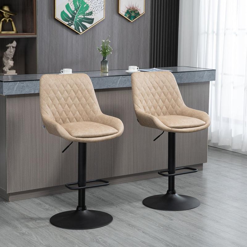 HOMCOM Retro Bar Stools Set of 2 Adjustable Kitchen Stool Upholstered Bar Chairs with Back Swivel Seat Light Khaki