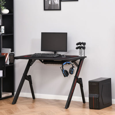 HOMCOM Gaming Desk, Racing Style Computer Table with Game Handle Holder, Cupholder, Headset Hook and Spider Leg for Study Workstation, Black