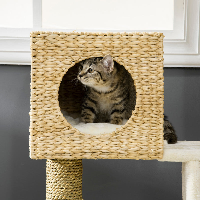 PawHut Cat Tree for Indoor Cats Kitten Tower Cattail Weave with Scratching Posts, Cat House, Bed， Washable Cushions Natural, 57 x 37 x 100.5 cm