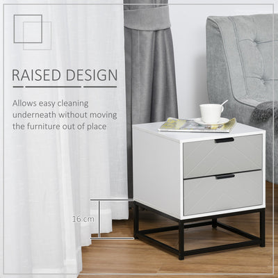 HOMCOM Bedside Cabinet with 2 Drawer Storage Unit, Unique Shape Bedroom Table Nightstand with Metal Base, for Living Room, Study Room, Dorm