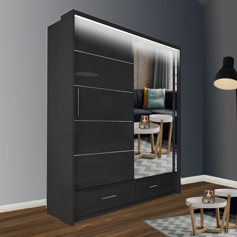 Cecilia High Gloss Black Sliding Wardrobe Grey, White,Black