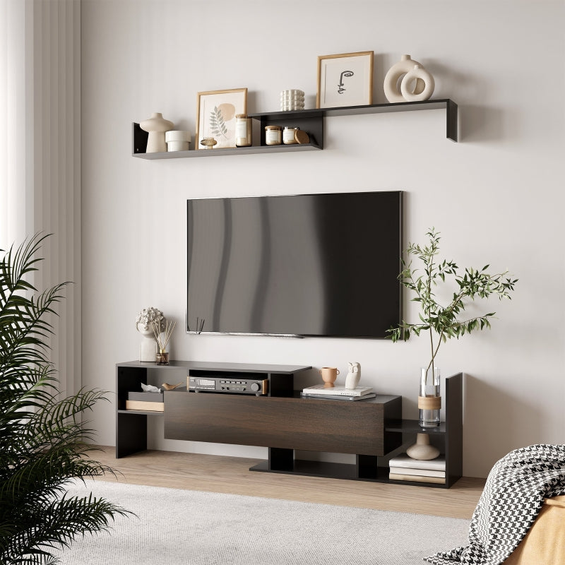 Modern TV Cabinet With Wall Shelf, Black Dark Brown