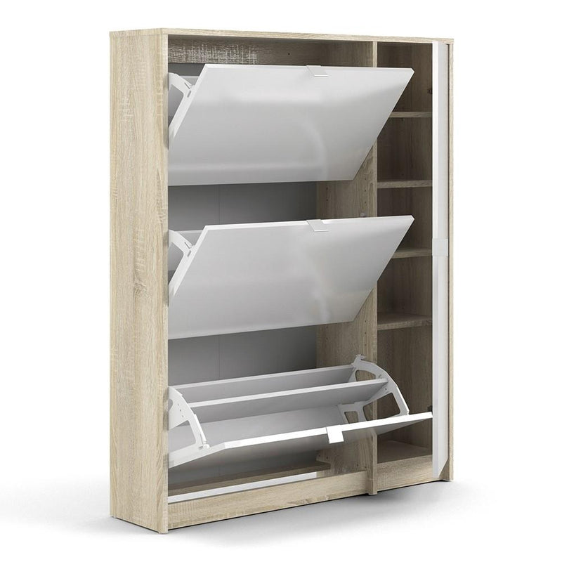 Shoe cabinet with 3 tilting doors and 2 layers +  1 door - Oak structure White high gloss