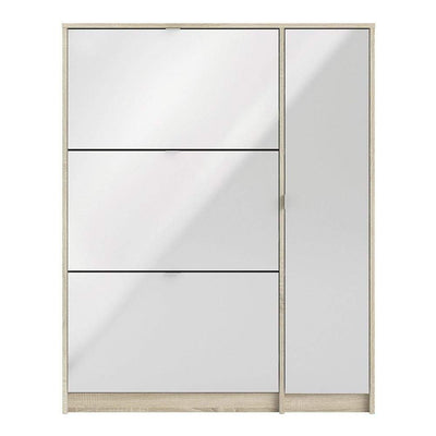 Shoe cabinet with 3 tilting doors and 2 layers +  1 door - Oak structure White high gloss