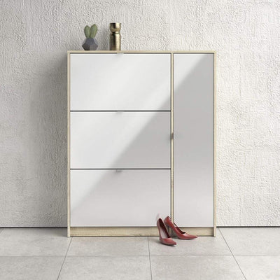 Shoe cabinet with 3 tilting doors and 2 layers +  1 door - Oak structure White high gloss