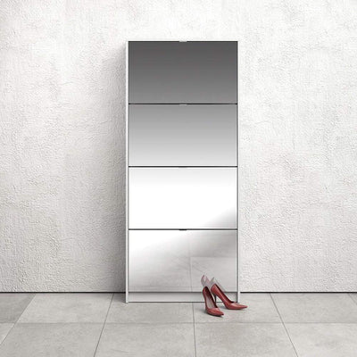 Shoe cabinet with 4 mirror tilting doors and 2 layers - White