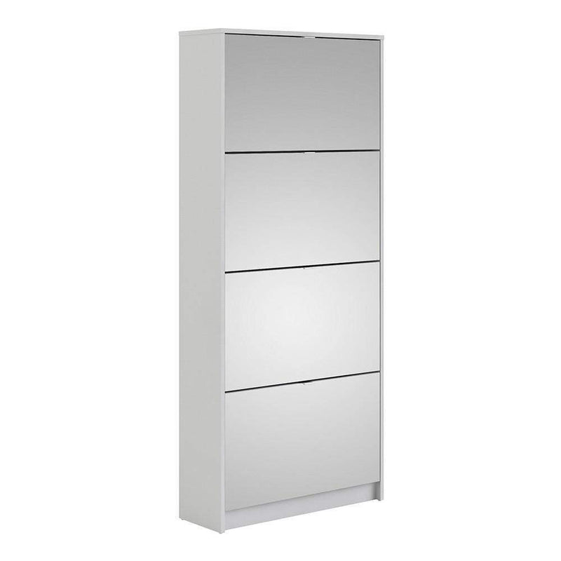 Shoe cabinet with 4 mirror tilting doors and 2 layers - White