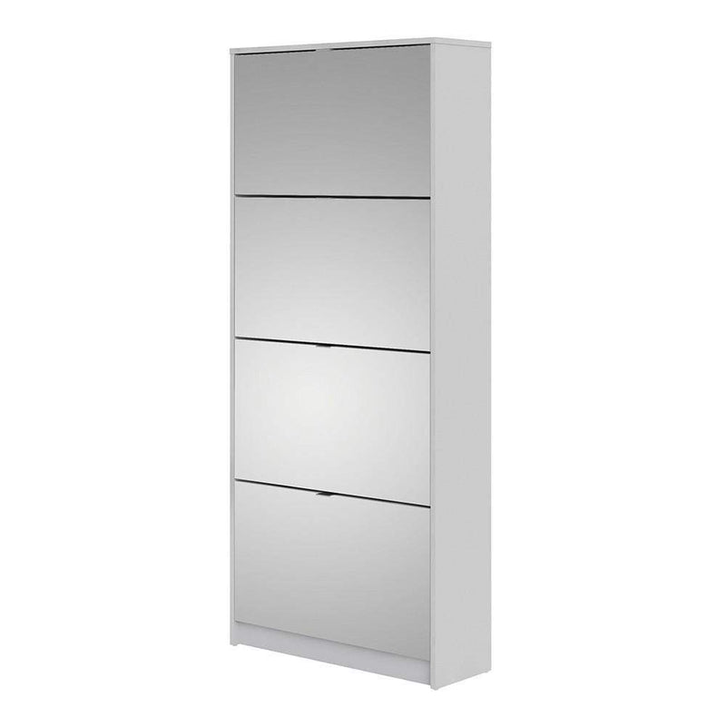 Shoe cabinet with 4 mirror tilting doors and 2 layers - White