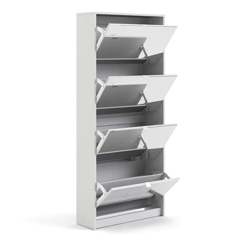 Shoe cabinet with 4 mirror tilting doors and 2 layers - White