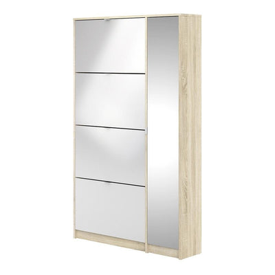 Shoe cabinet with 4 tilting doors and 2 layers +  1 mirror door - Oak structure White high gloss