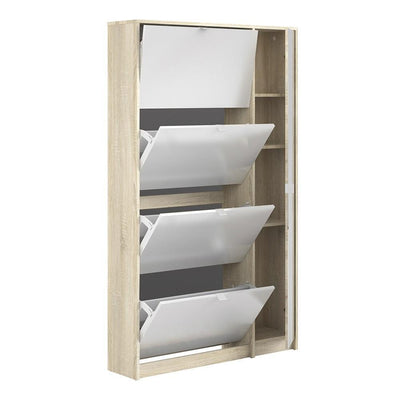 Shoe cabinet with 4 tilting doors and 2 layers +  1 mirror door - Oak structure White high gloss