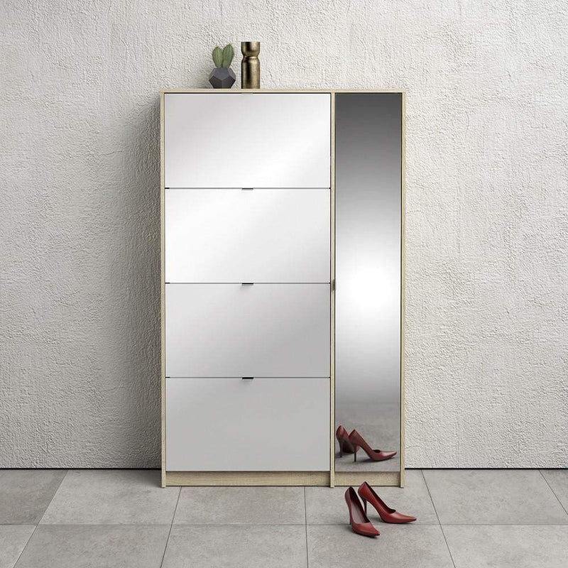 Shoe cabinet with 4 tilting doors and 2 layers +  1 mirror door - Oak structure White high gloss