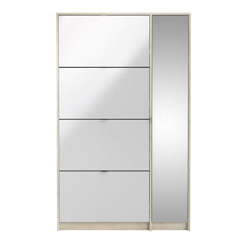 Shoe cabinet with 4 tilting doors and 2 layers +  1 mirror door - Oak structure White high gloss