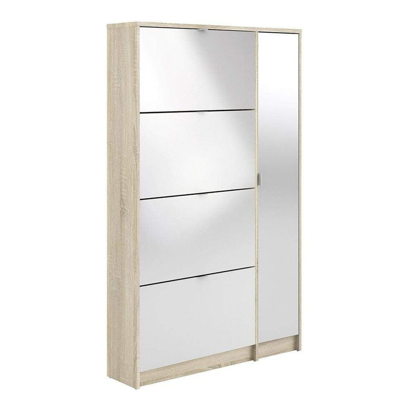 Shoe cabinet with 4 tilting doors and 2 layers +  1 mirror door - Oak structure White high gloss