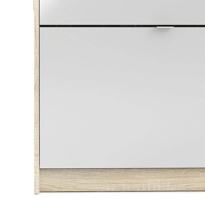 Shoe cabinet with 4 tilting doors and 2 layers +  1 mirror door - Oak structure White high gloss